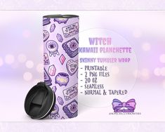 the tumbler cup is decorated with purple items