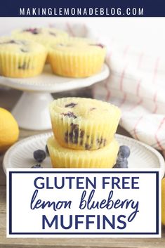 lemon blueberry muffins stacked on top of each other with the title overlay reading gluten free lemon blueberry muffins