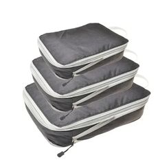 three grey and white bags sitting on top of each other