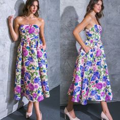 Self : 100% Polyester Lining : 100% Polyester Strapless Style Back Zipper Side Pockets Size Small Is About 42" In Length Look Your Best In This Strapless Mixed Feelings Floral Midi Dress. Crafted With 100% Polyester, It Features Side Pockets And A Back Zipper For Convenience. The All-Over Floral Print In Fuchsia, Blue, Purple And Green Takes It To The Next Level. Perfect For All Occasions! Strapless Purple Spring Dress, Purple Strapless Mini Dress For Spring, Chic Purple Strapless Midi Dress, Purple Strapless Spring Cocktail Dress, Purple Strapless Cocktail Dress For Spring, Spring Cocktail Strapless Purple Dress, Strapless Purple Dresses For The Beach, Strapless Purple Midi Dress For Cocktail, Pink Midi-length Strapless Dress For Garden Party