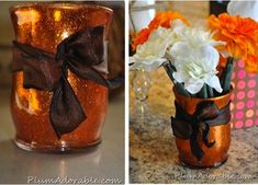 there are three different vases decorated with flowers and ribbons on the top one has a bow