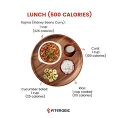 a wooden plate topped with rice and other foods on top of it, along with the words lunch 500 calories