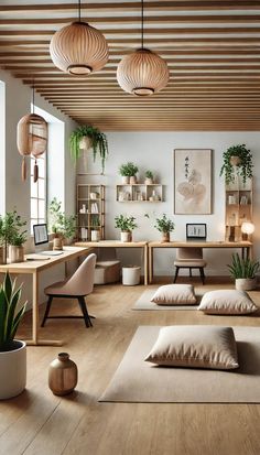 a living room filled with lots of furniture and plants on top of wooden flooring