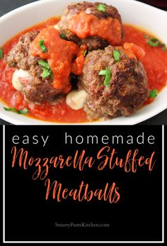 easy homemade mozzarella stuffed meatballs in tomato sauce