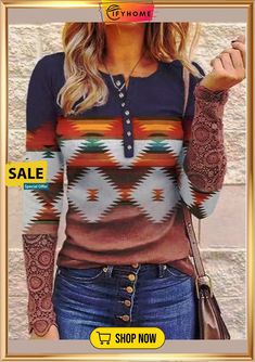 Ethnic Raglan Sleeve Crew Neck Top Bohemian Printed Tops For Winter, Bohemian Printed Winter Tops, Bohemian Patterned Tops For Winter, Bohemian Winter Tops With Graphic Print, Native Clothing, Cute Cowgirl Outfits, Time Clothes, Raglan Sleeve Top, Geometric Sleeve