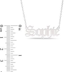 A fashion must-have, this personalized necklace is a chic addition to your jewelry wardrobe. Created in sterling silver, this design showcases the name of your choice - from two to eight characters in length - sculpted in a Gothic-style font. Polished to a bright shine, this look suspends centered along a 16.0-inch rolo chain that secures with a spring-ring clasp. Silver Nameplate Jewelry With Names, Silver Engraved Nameplate Necklaces, Formal Personalized Initial Pendant Name Necklace, Sterling Silver Nameplate Jewelry With Initials, Silver Nameplate Custom Necklace, Sterling Silver Jewelry With Names In White, Custom Silver Nameplate Necklace, Custom Engraved Silver Nameplate Necklace, Silver Personalized Nameplate Necklace