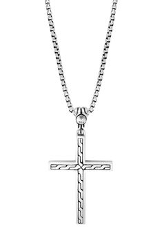 A meaningful keepsake for a loved one or a sentimental personal keepsake, this handcrafted sterling-silver necklace is anchored with a deeply symbolic cross pendant. 20" length; 3/4"W x 1 1/2" pendant Lobster clasp closure Imported Sterling silver Imported Sterling Silver Necklace With Oxidized Cross Pendant, Sterling Silver Cross Necklace With Pendant, Silver Cross Pendant Necklace With Box Chain, Oxidized Sterling Silver Cross Pendant Necklace, Sterling Silver Cross Pendant Necklace With Polished Finish, Sterling Silver Necklace With Cross Pendant And Polished Finish, Sterling Silver Crucifix Necklace With Box Chain, Sterling Silver Cross Pendant Jewelry, Sterling Silver Cross Necklace With Box Chain