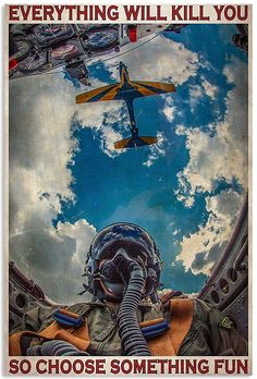 the view from inside an airplane looking up into the sky with a plane in the background