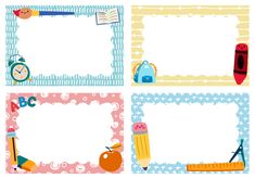 four different school stationery designs with pencils, books, an apple and other items