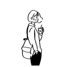 a black and white drawing of a woman with a backpack holding a drink in her hand