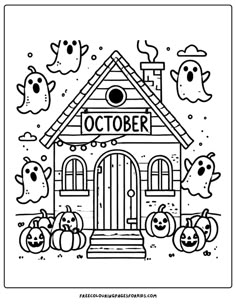 a black and white halloween coloring page with pumpkins in front of a small house