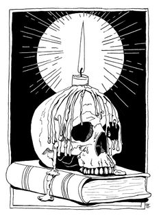 a black and white drawing of a skull with a candle on top of a book