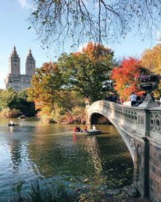 people are boating on the lake in central park