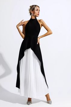 Skirt And Top For Wedding Guest, Black And White Dress Outfit Party, Black And White Party Dress, Black And White Dresses, Pleated Maxi Skirt, White Dress Party, Chic And Elegant, Women Halter, Pleated Maxi