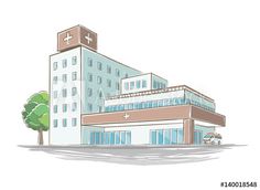 an hospital building with trees and cars in the front, on a white background illustration