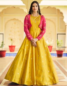 Traditional Function Wear Gown Collection Processing Time : 20-25 Business Days Work : Thread Sequince Embroidered Work Fabric:Cotton Color:Yellow Note:Slight Color Variation Is Possible Long Anarkali Gown, Gown With Jacket, Be The Sunshine, Party Wear Gown, Cotton Gowns, Lime Yellow, Pink Gown, Anarkali Gown, Ladies Gown