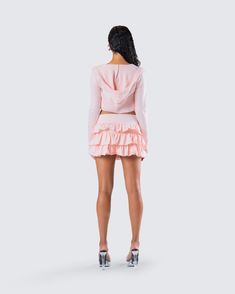 This one’s for all of our sweet girlies with an attitude problem 😜 Pairing a pink knit cropped jacket with a white lace cami top and a pink ruffle mini skirt - this three-piece set is serving a chic and sassy Y2k vibe 💅 Flirty Pink Mini Skirt For Spring, Flirty Pink Mini Skirt For Day Out, Feminine Ruffle Skirt For Night Out, Feminine Ruffled Skirt For Night Out, Pink Ruffled Mini Skirt For Night Out, Pink Ruffled Crop Top For Spring, Chic Cropped Mini Skirt For Spring, Feminine Pink Crop Top For Night Out, Pink Tiered Mini Skirt For Night Out