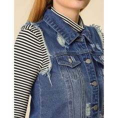 No style-conscious feminine wardrobe is complete without the denim vest. This jacket is offered in a relaxed fit silhouette and timeless and classic details throughout. This style is finished with a button through the front, a collared neckline, and two front pockets. The body size chart shows the fitting size, please check your measurements to make sure the item fits before ordering. Spring Dark Wash Denim Vest With Frayed Hem, Denim Blue Vest With Button Closure For Spring, Spring Denim Blue Buttoned Vest, Trendy Medium Wash Vest With Buttons, Button-up Medium Wash Vest For Spring, Medium Wash Button-up Vest For Spring, Medium Wash Buttoned Vest For Fall, Medium Wash Vest With Buttons For Fall, Trendy Denim Vest With Button Closure