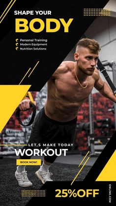 a flyer for a bodybuilding gym with a man doing exercises