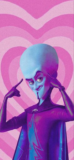 an alien woman in purple and blue with her finger up to her nose, standing against a pink background