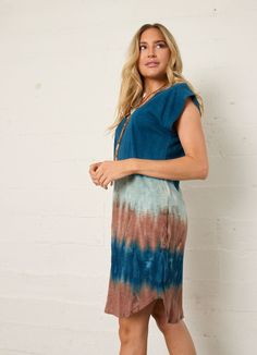 Easy does it in this laid-back T-shirt dress—each piece tie-dyed by hand to perfection and already a top-seller for its effortless look and feel. A more casual take on our iconic Brooklyn Dress, made in a t-shirt-soft, organic cotton slub fabric Designed for comfort with a relaxed fit The perfect wardrobe staple to throw on and go—to the beach, a concert, a BBQ, or on vacation. Each color is limited-edition and tie-dyed dyed by hand—get your favorite while you can! Artisan crafted in Los Angeles Product Details V-neck Side pockets (because practical makes perfect!) Rounded hemline 100% Certified Organic Cotton Slub Jersey Size M falls 35” from shoulder Machine washable inside out in cold water with like colors, tumble dry on low Style is pre-shrunk during dye process Liberty (model) is wea Relaxed Fit V-neck T-shirt Dress For Summer, Relaxed Fit Cotton T-shirt Dress For Summer, Casual Ombre Dress For Spring, Summer Cotton V-neck T-shirt Dress, Summer V-neck Cotton T-shirt Dress, Casual T-shirt Dress For Beach In Summer, Casual T-shirt Dress For Summer Beach, Casual Summer T-shirt Dress For Loungewear, Summer Relaxed Fit T-shirt Dress For Loungewear