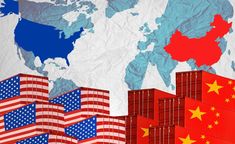 the american and chinese flags are next to each other in front of a world map