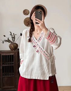 Features: Item: Linen Cardigan; Long Sleeve Shirt | Hanfu cardigan Gender: Women Material: Cotton; Linen Process: Embroidery Style: Loose. Retro Season: Summer: Spring Color: Blue. Red. Green. Purple. White Size: One Size Size Length(cm) Shoulder Sleeve(cm) Chest(cm) One Size 58 42 51 114 Cotton Tops Designs, Khaki Tops, Linen Cardigan, Cardigan Long Sleeve, Fancy Tops, Retro Jewelry, Cardigan Long, Chinese Clothing, Linen Clothes