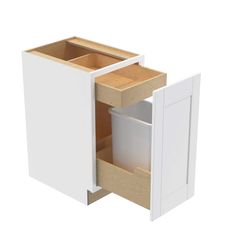 a white cabinet with two drawers and one door open