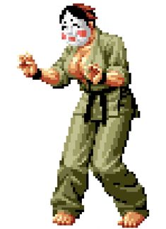 an old pixel art image of a man wearing a clown mask and holding his arm out