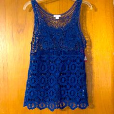 Can Be Worn Over Tank Top Or Swim Top. Adorable! Blue Stretch Crochet Top For Spring, Blue Open Knit Crochet Top For Spring, Blue Stretch Crochet Top For Beach, Blue Stretch Crochet Top For Summer, Blue Crochet Lace Top For Vacation, Fitted Blue Tops With Crochet Trim, Blue Lace Tops For The Beach, Blue Crochet Lace Top For Summer, Blue Lace Crochet Top For Summer