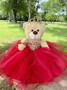 a teddy bear dressed in a red dress sitting on the ground with trees in the background