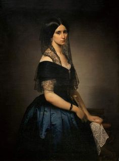 a portrait of a woman wearing a blue dress and holding a book in her hand