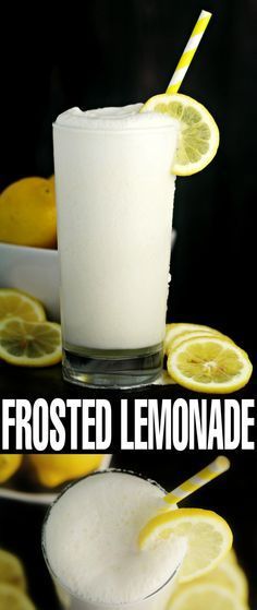 a glass filled with lemonade sitting on top of a table next to sliced lemons