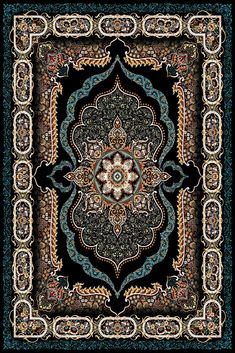 a black and blue rug with an ornate design