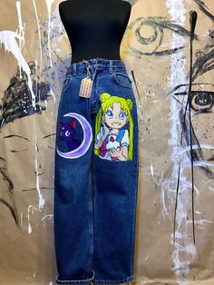 "Sailor Moon - jeans art - festive clothing- jeans with hand-painted - art on jeans - portrait- women's jeans - vintage jeans - OLD NAVY - L We will make similar jeans for you in any size on request jeans in stock! jeans are available to order! Vintage OLD NAVY - L 100% cotton measuring jeans: waist inches (half volume) length inches thighs inches (half volume) Under the order we will draw any drawings on jeans. Any size jeans of your choice. Write us a personal message and we will discuss every Hand Painted Denim Jeans For Streetwear, Artistic Straight Leg Denim Jeans, Trendy Hand Painted Blue Jeans, Artistic Hand Painted Denim Bottoms, Blue Hand Painted Cotton Jeans, Artistic Hand Painted Straight Leg Bottoms, Trendy Hand Painted Cotton Jeans, Artistic Hand Painted Denim Jeans, Hand Painted Straight Leg Cotton Jeans