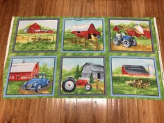 four pictures of farm animals and tractors on a wooden floor with a green table cloth