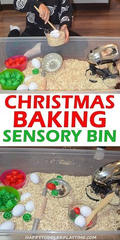 a child is making christmas baking in a bin