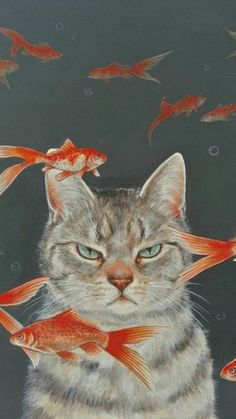 a painting of a cat surrounded by fish