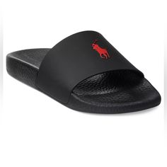 Brand New Classic Black Slides With Rubber Sole, Classic Black Slides With Branded Insole, Classic Black Slip-on Slides, Classic Black Flat Slides, Black Slides With Rubber Sole, Black Low-top Slides With Rubber Sole, Black Non-slip Flat Sneakers, Black Flat Slides With Rubber Sole, Black Slip-resistant Sneakers For Summer