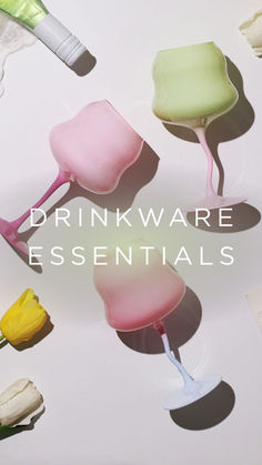 the words drinkware essentials are displayed in front of several different colored objects