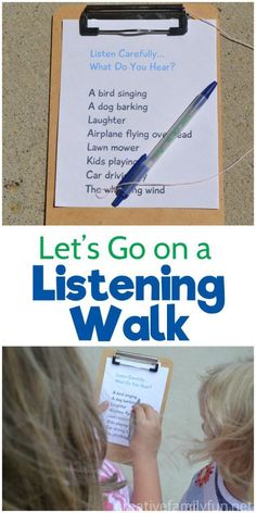 two children writing on a clipboard with the words let's go on a listening walk