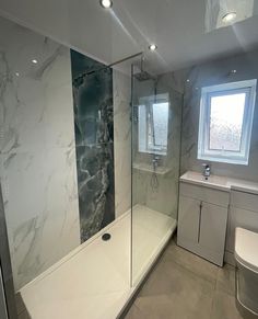 a bathroom with a walk in shower next to a white toilet and washbasin