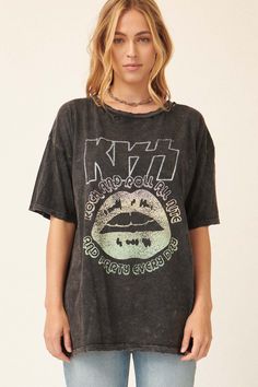 Mineral washed graphic t-shirt. Vintage-style KISS logo print with lips graphic and text that reads, "Rock and Roll All Nite and Party Every Day." Torn and distressed detailing at neckline, cuffs, and hem. Round neckline. Short sleeves. Drop shoulder. Loose, oversized fit. 100% Cotton. Imported top designed and printed in LA. Officially licensed KISS merchandise. Not eligible for discounts. Model wears size S. Kiss Merchandise, Distressed Graphic Tee, Kiss Logo, Lips Graphic, Rolling Stone, Rolling Stones, Logo Print, Oversized Fits, Drop Shoulder