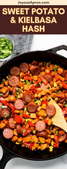 sweet potato and kielbasa hash browns in a skillet