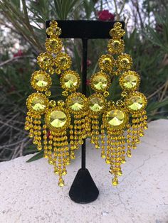 Yellow Dangle Chandelier Earrings For Party, Yellow Dangle Crystal Earrings For Party, Yellow Dangle Crystal Party Earrings, Yellow Crystal Earrings For Party, Yellow Rhinestone Jewelry For Party, Yellow Rhinestone Party Jewelry, Pageant Earrings, Yellow Costume, Costume Jewelry Sets