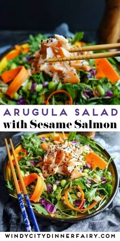 two pictures of salads with sesame seeds and carrots in them, one has chopsticks on the side