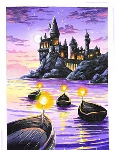 a painting of a castle and some boats in the water at night with lights on