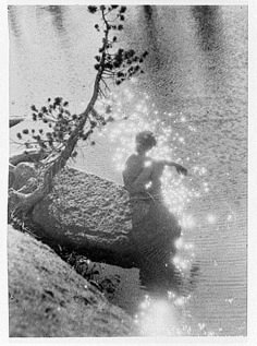 a man standing in the water next to a tree and rocks with lights on them