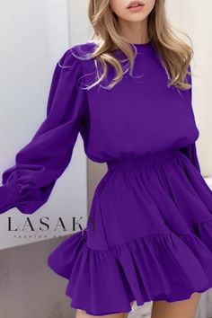 Lasaky - Classic Long Sleeve A-Line Dress featuring Lantern Sleeves and Figure-Enhancing Waist Cinching Detail Purple Long Sleeve Dress, Lantern Sleeve Dress, Purple Long Sleeve, Mini Robes, Vestidos Vintage, Ruffle Mini Dress, Short Mini Dress, Mid Length Dresses, Lantern Sleeve