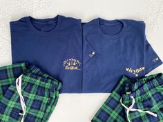 Couples Christmas Pyjamas navy blue green First christmas Matching Christmas pyjamas xmas pyjamas first christmas mr & mrs couples Christmas These adorable matching Christmas pyjamas make the ideal gift for any couple. One shirt features the phrase "All I want for Christmas," while the other reads "is you," with your initials and a heart on the sleeve. Together, they create a charming and thoughtful Christmas pyjama set. This listing is for 1 set of ladies pyjamas and 1 set of mens pyjamas (2 pairs in total) The sizing for the t-shirts is as follows -Unisex Style Shirt   Short Sleeve Shirt - S 34/36"   M 38/40"   L 42/44"   XL 46/48"   2XL 50/52  *Pyjama bottoms description* -  Material: 100% cotton flannel. Twill weave. Woven tartan trousers. Fully elasticated waistband with tie detail. P Blue Cotton Christmas Sleepwear, Blue Cotton Holiday Sleepwear, Matching Pyjamas Couple Christmas, Matching Pajamas For Couples Christmas, Christmas Couple Pajamas, Xmas Pyjamas, Couples Christmas Pajamas, Mens Pyjamas, Ladies Pyjamas